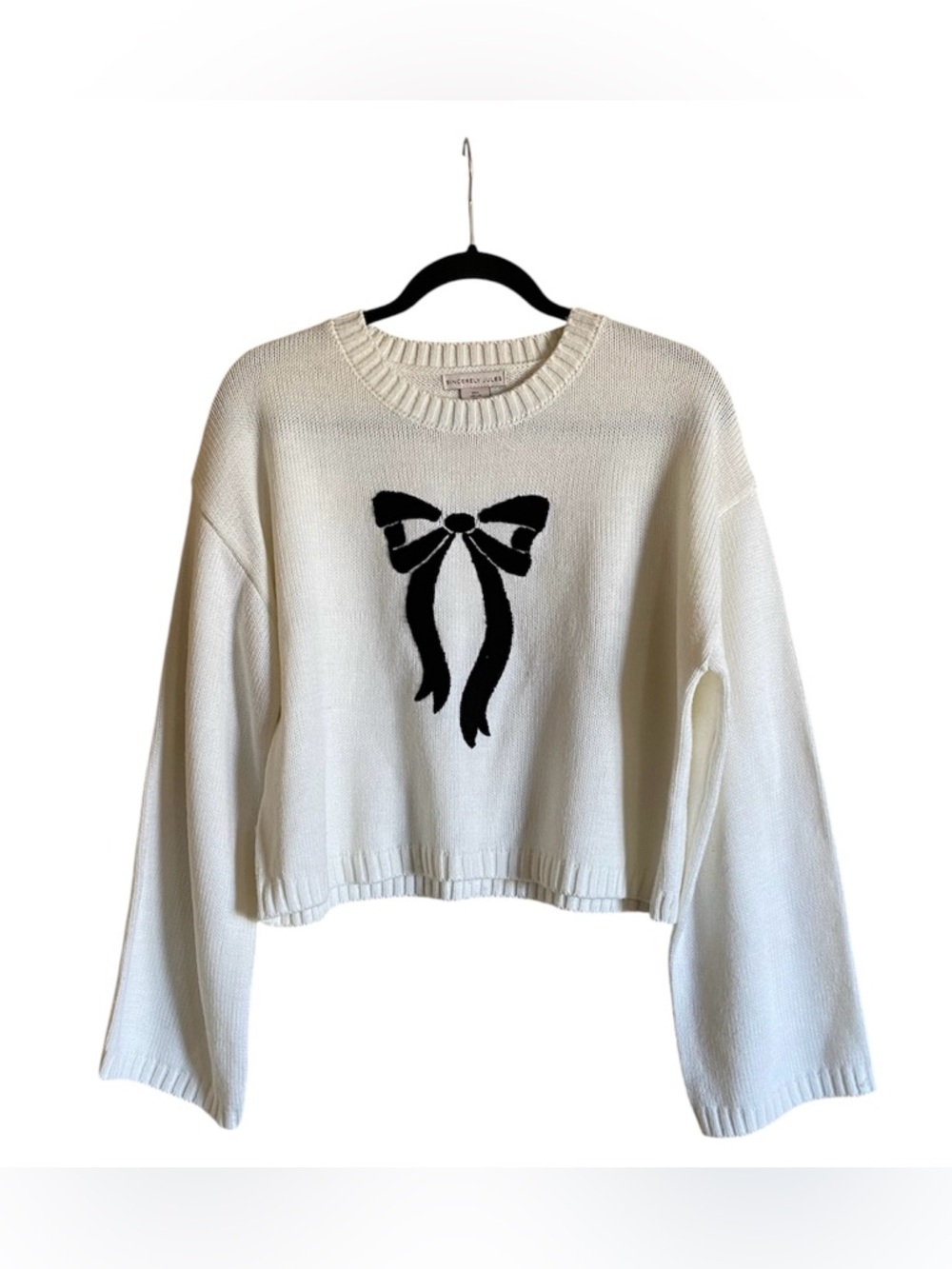 SINCERELY JULES Cropped Pullover Sweater Black Bow Wide Sleeves Size L